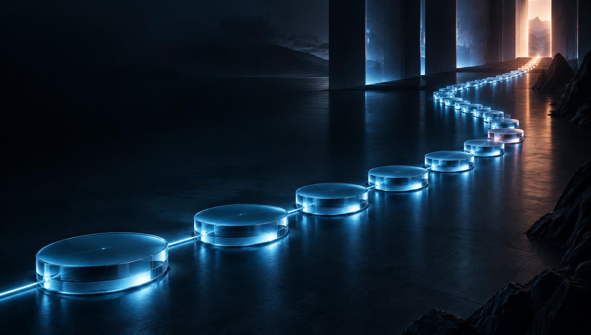 A luminous 16-step pathway leading forward